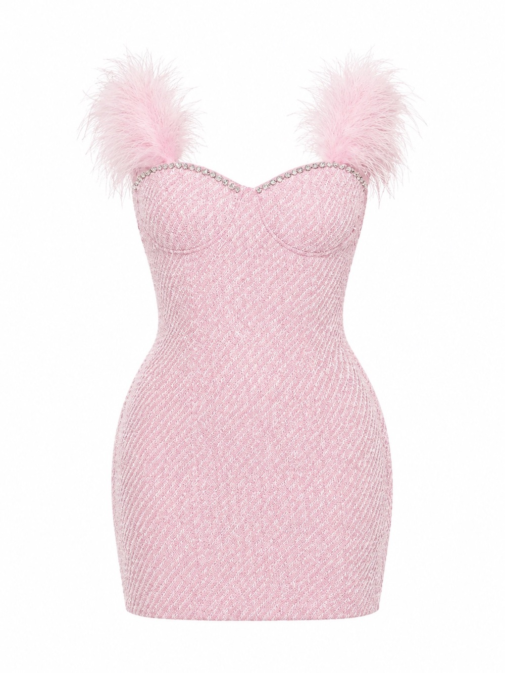 Fashion Nova Pink Feather-Trimmed Sweetheart Bodycon Mini Dress